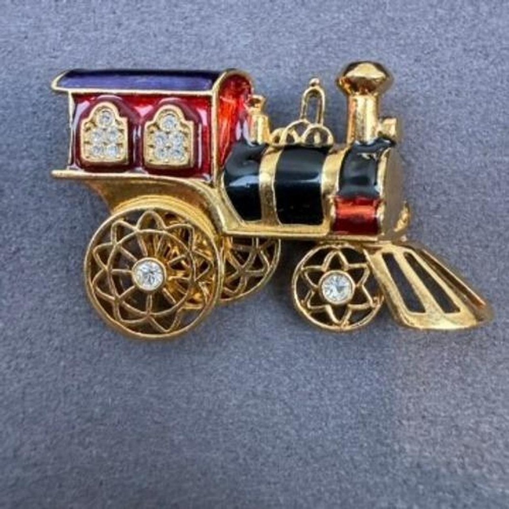 Smithsonian Gold Tone Brooch Rhinestone Train Steam Locomotive Vintage Avon